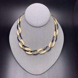 Enamel Link Collar Necklace Blue Cream Enamel Gold Tone Classic 17 Inch Vintage